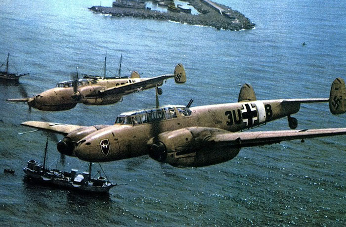 A squadron of Messerschmitt Bf 110C that flies on the sea.