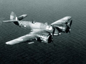 A Bristol Beaufighter flying over the sea in a patrol mission.