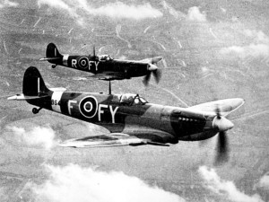 Two Spitfire Mk IX of No. 611 Squadron in flight.
