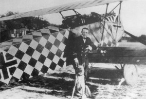Sachsenberg with his yellow and black chequered Fokker D.VII at Jabbeke airfield.