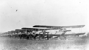 DH.4 planes of the 135th Aero Squadron line up on Aug. 7 for the first mission flown over the Front. (U.S. Air Force photo)