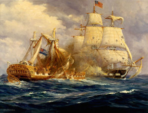 Action between USS Constitution and HMS Guerriere (Painting by Anton Otto Fischer**).