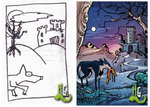 An author's drawing and the version made by the professional comic artist, Matteo Cremona.
