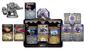 Miniature, hero sheet, a soul gem, and power and equipment cards represent the heroes in the game.