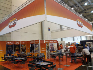 A view of the Ares Games booth ready to start a new day at Spiel.
