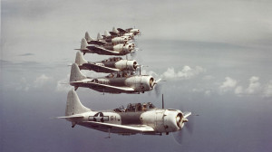  A formation of SBD-5 Dauntless from Marine Scouting Squadron 3 (VMS-3) in flight near the Virgin Islands. 