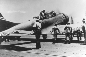 A damaged SBD-3 after landing on USS Yorktown, during the Battle of Midway. width=