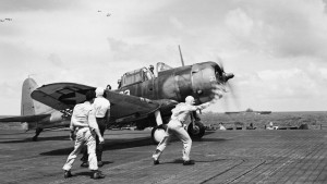 A Douglas SBD-5 Dauntless of VB-16 preparing to launch from USS Lexington, on a strike in the Central Pacific. 