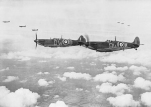 Supermarine Spitfire Mk.Is of 610 Squadron flying in 'vic' formation - July, 1940.
