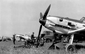 Four Messerschmitt Me 109 E of the Jagdgeschwader 51 at Feldflugplatz. (Bundesarchiv*)