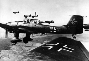 A formation of Stukas flying in France, in 1940.