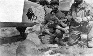 William Thaw, with the Lafayette Escadrille's mascots, lion cubs Whiskey and Soda.  