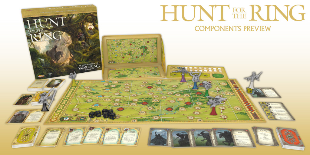 A view of the box and the components of Hunt for the Ring: the board, cards, figures and more.